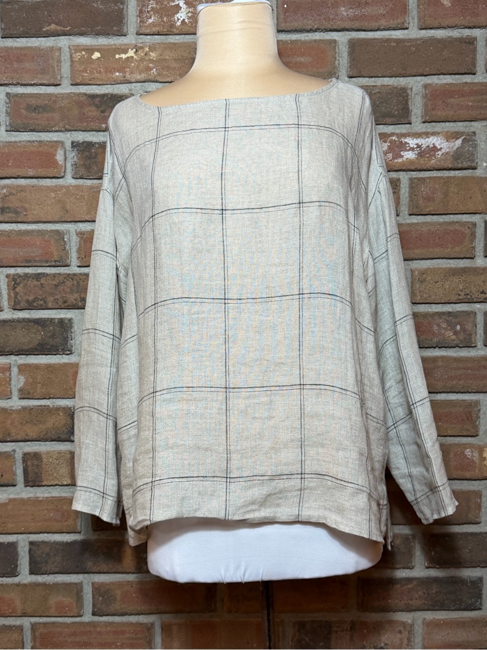 Eileen Fisher Petite PL Organic Linen Windowpane Boxy Top Beige Black